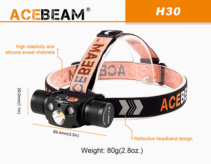   Acebeam H30 R+UV, CREE XHP70.2+Red+UV Nichia 276A 365nm, 4000 , 1x21700, USB, 6500K