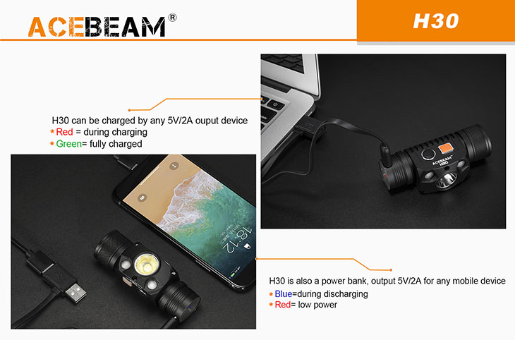   Acebeam H30 R+UV, CREE XHP70.2+Red+UV Nichia 276A 365nm, 4000 , 1x21700, USB, 6500K