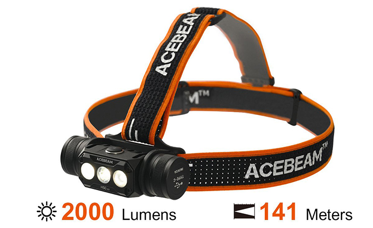 Налобный фонарь Acebeam H50 v2.0, 3x Luminus SST20 5000K, 2000 лм, 1x18650, USB