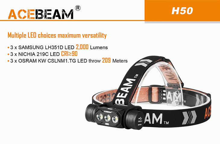 Налобный фонарь Acebeam H50, 3x Samsung LH351D, 2000 лм, 1x18650, USB