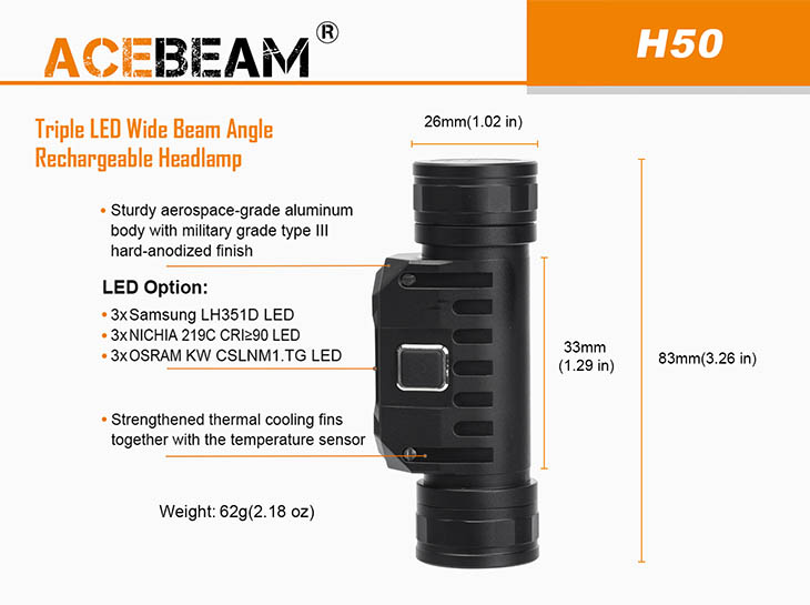   Acebeam H50, 3x Samsung LH351D, 2000 , 1x18650, USB