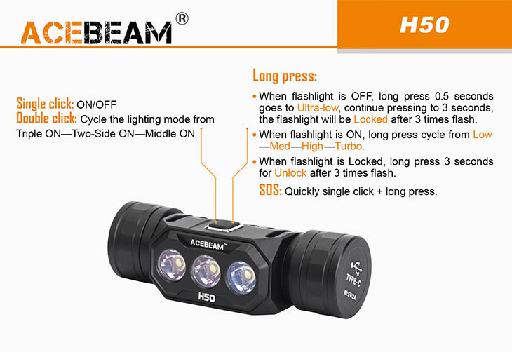   Acebeam H50, 3x Samsung LH351D, 2000 , 1x18650, USB