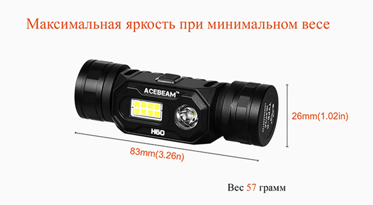 Налобный фонарь Acebeam H60, 570 лм, 1x18650, USB