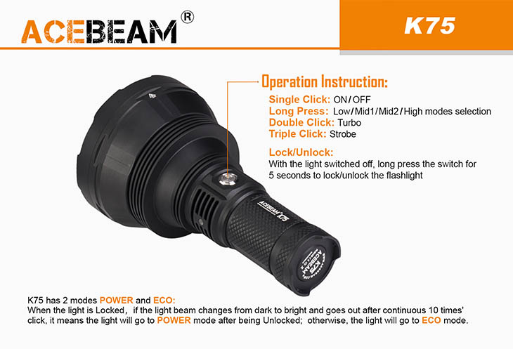 Аккумуляторный светодиодный дальнобойный фонарь Acebeam K75, LUMINUS SBT-90 GEN2, 6300 лм
