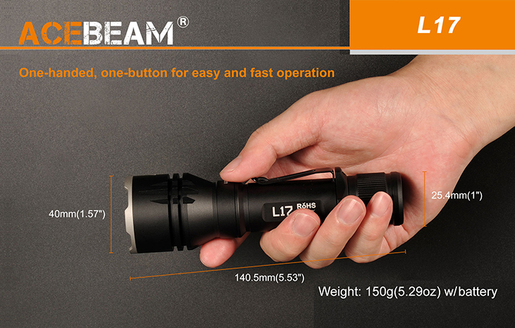 Фонарь Acebeam L17-W, OSRAM White LED, 1400 лм, 1x18650, белый свет, с аккумулятором