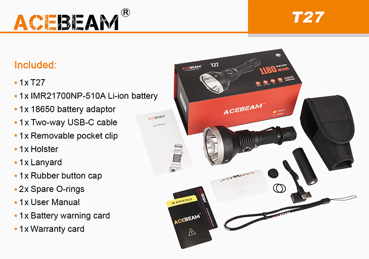 Фонарь Acebeam T27, CREE XHP35, 2500 лм, 1x21700, USB