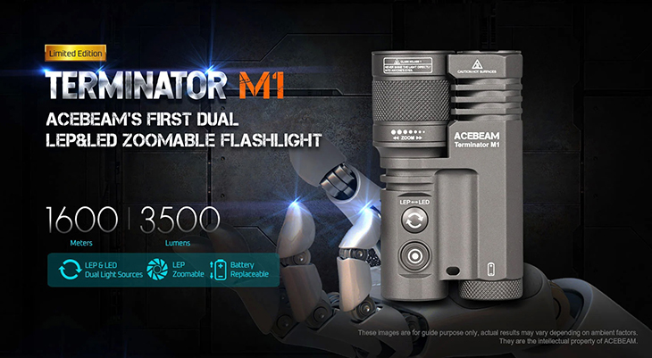 Фонарь Acebeam Terminator M1 (Limited Edition), LEP + 3x Nichia 519A 5000K Hi-CRI90, 700/2300 лм (1600м), 1x21700, изменяемая фокусировка, серый