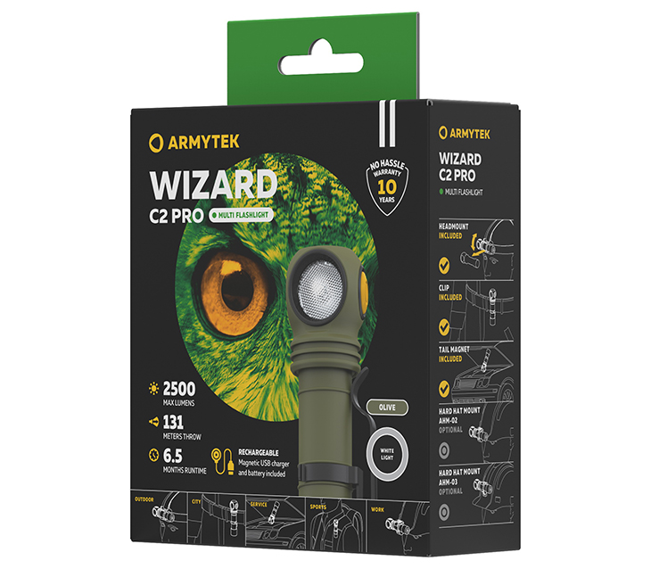 Фонарь Armytek Wizard v4 C2 Pro USB+18650 Olive, XHP50.2, 2500 лм,