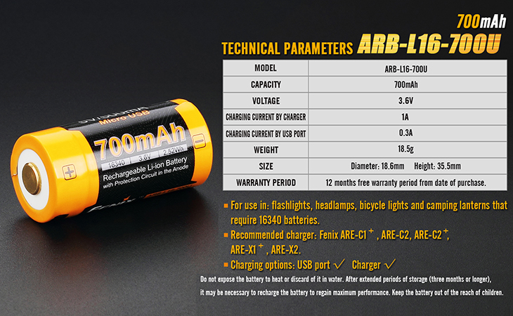  Li-ion 16340 Fenix ARB-L16-700U, 700 , USB