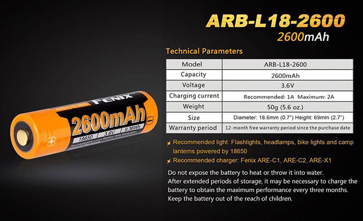 Аккумулятор Li-ion 18650 Fenix ARB-L18-2600, 2600 мАч
