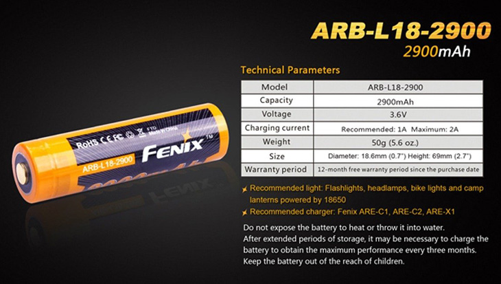  Li-ion 18650 Fenix ARB-L18-2900, 2900 