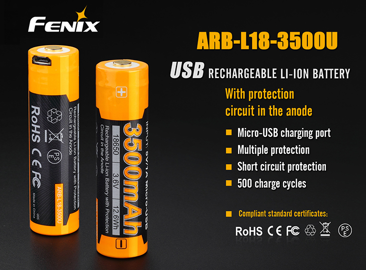 Аккумулятор Li-ion 18650 Fenix ARB-L18-3500U, 3500 мАч, USB
