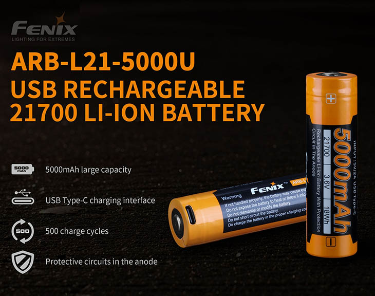 Аккумулятор Li-ion 21700 Fenix ARB-L21-5000U, 5000 мАч, USB