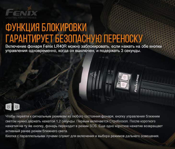 Фонарь Fenix LR40R, CREE XP-L HI V3 + 18xLuxeon V2, 12000 лм, 12000 мАч, USB