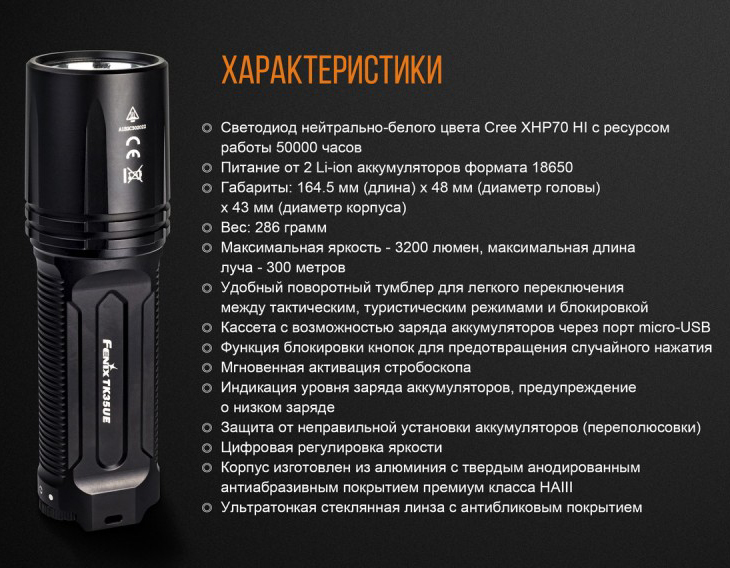 Аккумуляторный фонарь Fenix TK35UE, XHP70 HI, 3200 лм, 2x18650, USB