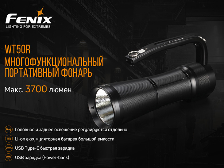 Фонарь Fenix WT50R, 3200 лм, USB Type-C, PowerBank