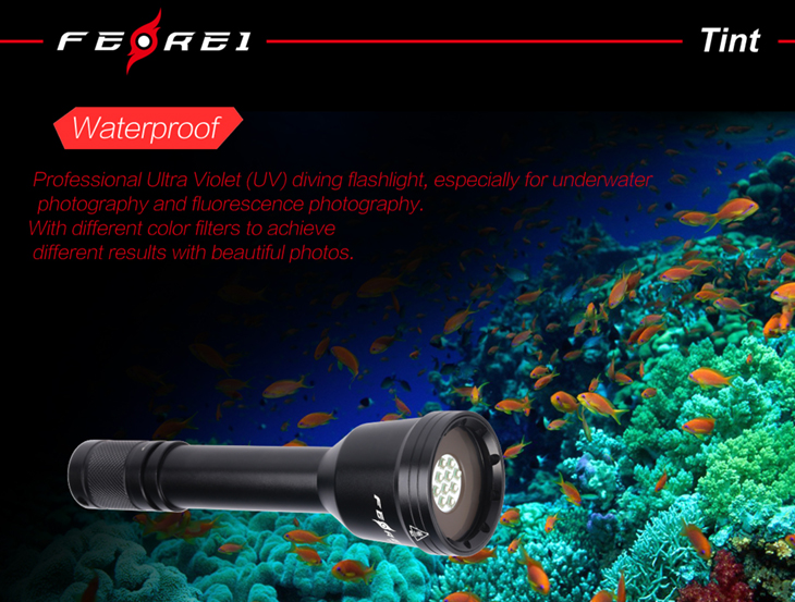 Фонарь подводный Ferei W159 Tint, 288 лм, 30 Вт, 10x UV LED 455nm, 2x18650, ультрафиолетовый
