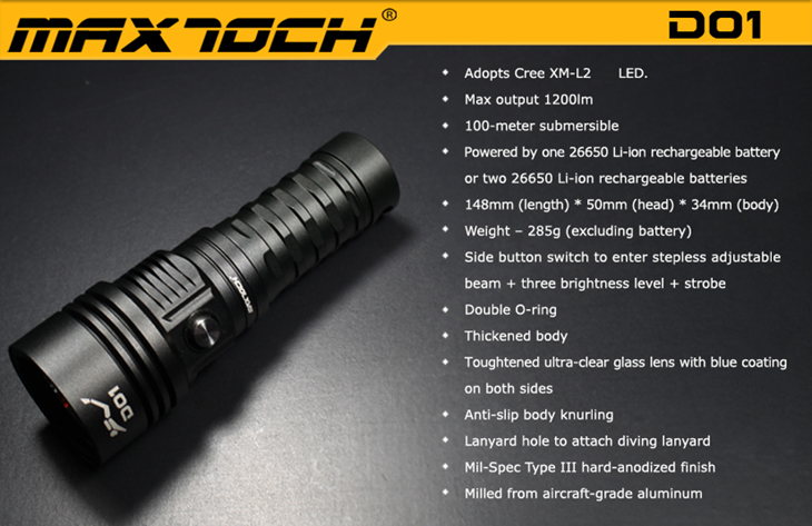  Maxtoch D01, CREEE XM-L2 U3, 1200 , 1-2x26650,  