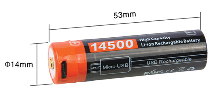 Аккумулятор 14500 Nicron 750 мАч (NRB-L750), 3,7V, Li-ion, защита PCB, встроенное З/У от USB