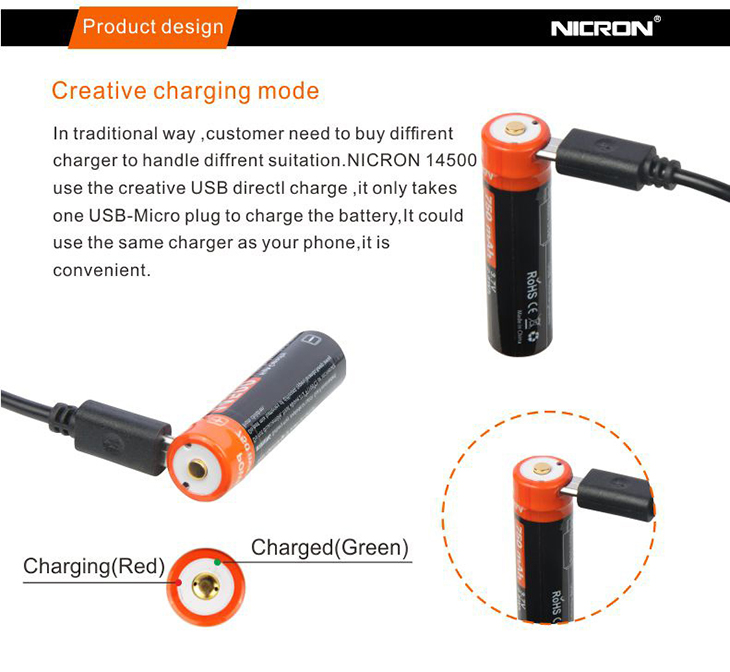  14500 Nicron 750  (NRB-L750), 3,7V, Li-ion,  PCB,  /  USB