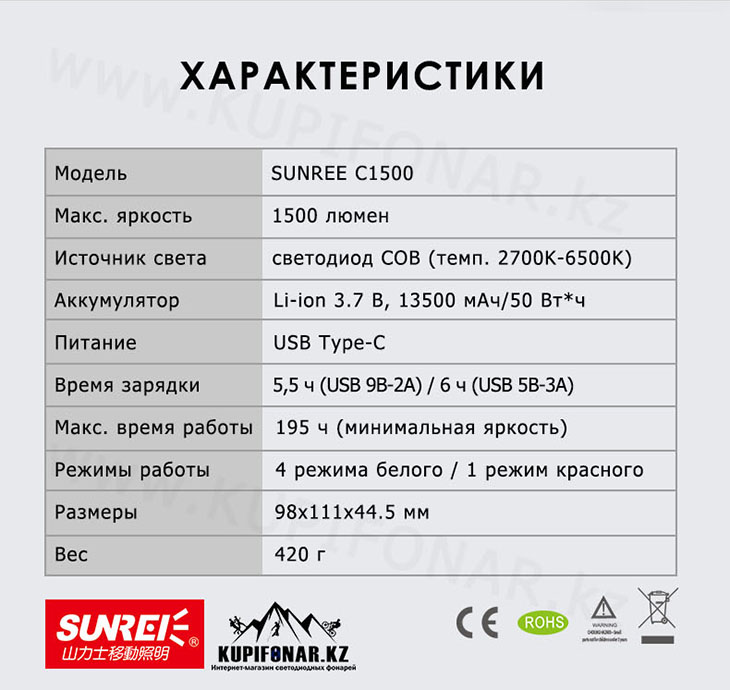 Аккумуляторный прожектор Sunree С1500, 1500 лм