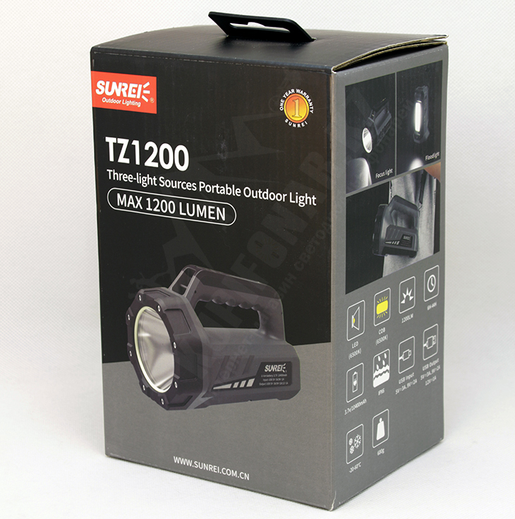 Ручной аккумуляторный прожектор Sunree TZ1200 v2, 1200 лм, LED+COB+RED, Li-ion 10400 мАч, PowerBank, USB Type-C, желтый