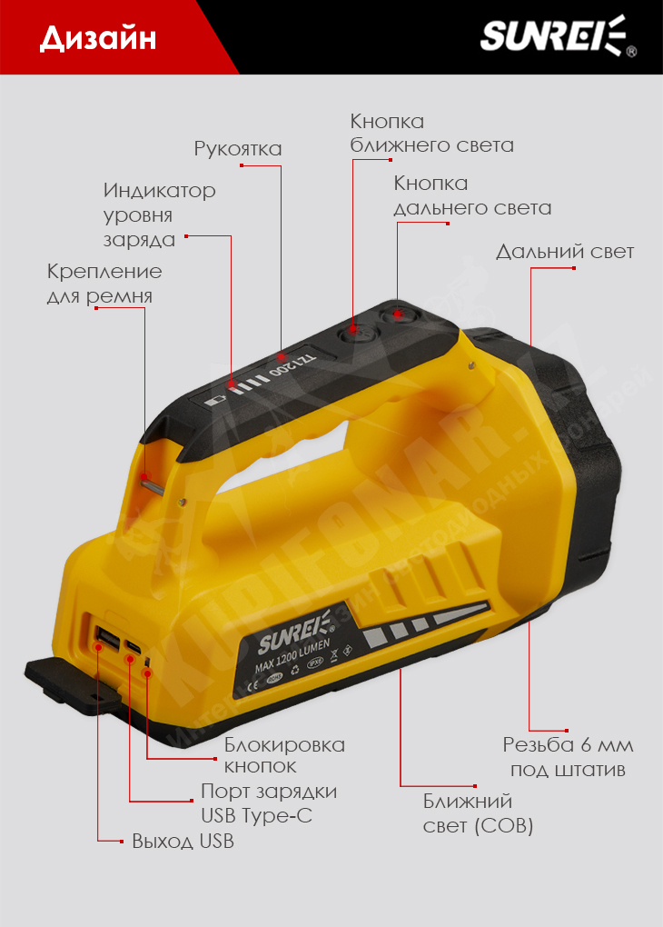    Sunree TZ1200 v2, 1200 , LED+COB+RED, Li-ion 10400 , PowerBank, USB Type-C, 