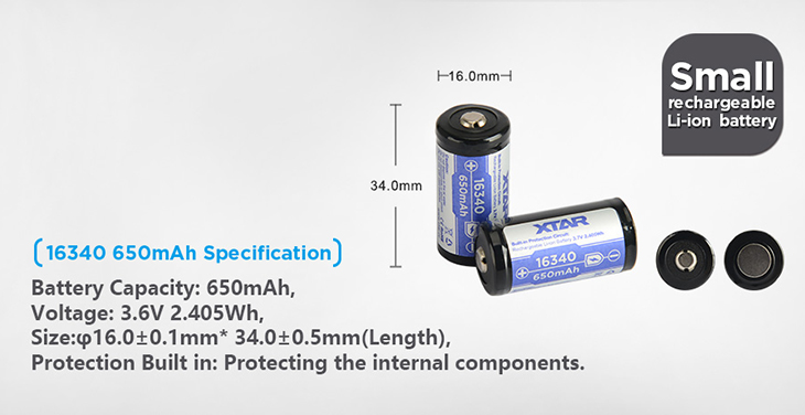  16340 Xtar 650 mah, 3,7V, Li-ion