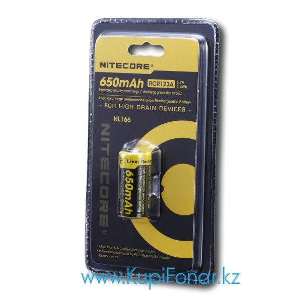 Аккумулятор 16340 Nitecore 650 мАч (NL166), 3,7V, Li-ion, защита PCB