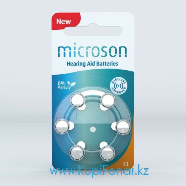 Элемент питания Zinc-Air Microson 13 1.45В, 6 шт в блистере (PR48/ZA13), для слуховых аппаратов