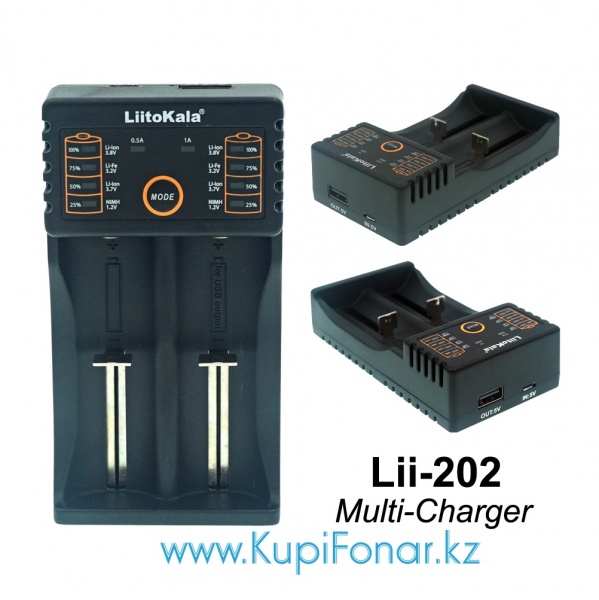 Универсальное зарядное устройство LiitoKala Lii-202 на 2 аккумулятора Li-ion/LiFePO4/Ni-MH, USB, функция POWERBANK