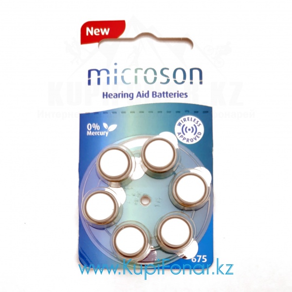 Элемент питания Zinc-Air Microson 675 1.45В, 6 шт в блистере (PR44/ZA675), для слуховых аппаратов