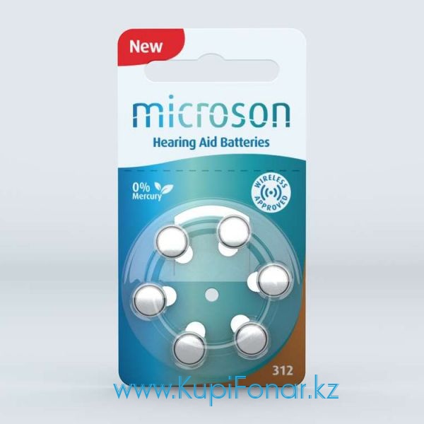 Элемент питания Zinc-Air Microson 312 1.45В, 6 шт в блистере (PR41/ZA312), для слуховых аппаратов